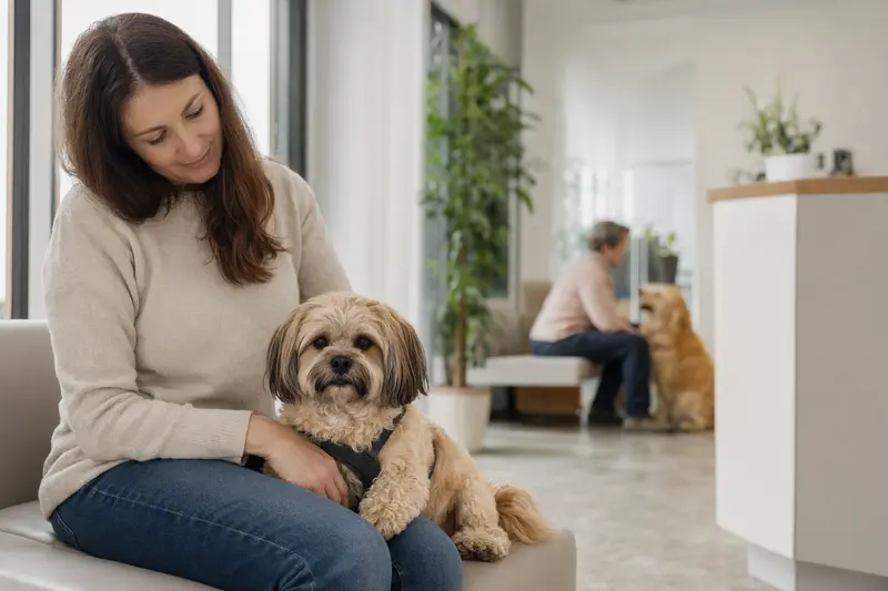 Ein Bolonka Zwetna sitzt ruhig neben seinem Besitzer im hellen Wartezimmer einer modernen Tierarztpraxis.